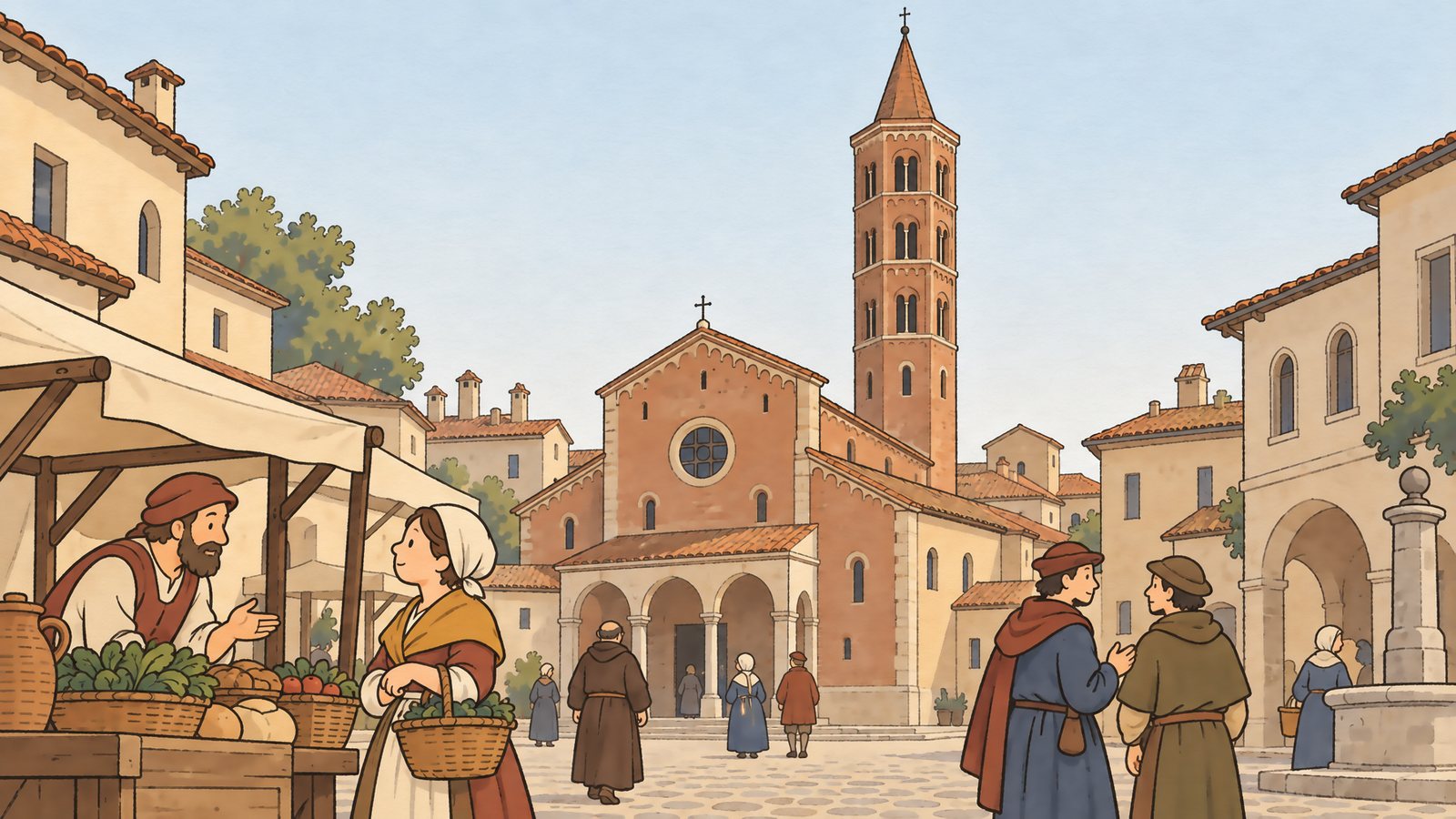 A medieval Italian market square with stalls and townspeople below a tall brick bell tower beside a church
