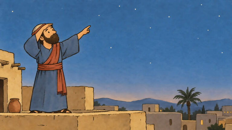An ancient sky-watcher on a flat rooftop at dusk points up at the bright points of light moving across the night sky